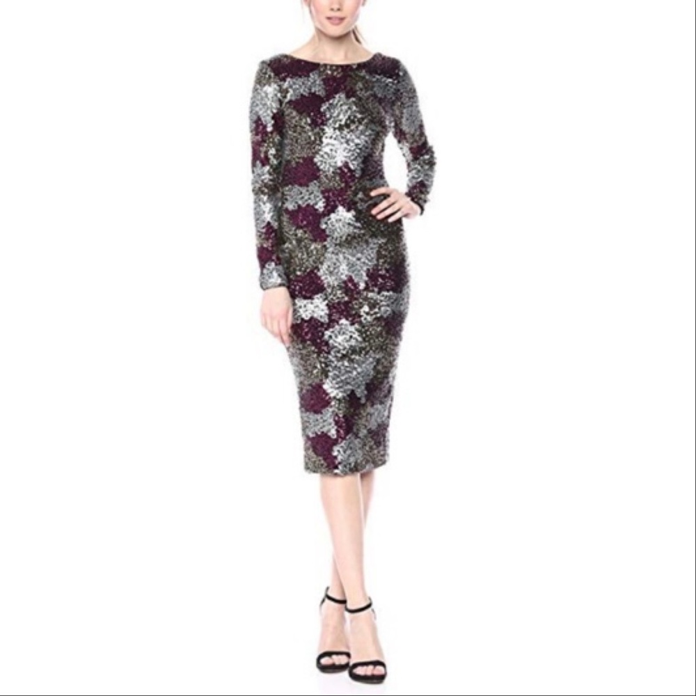 NEW Dress the Population Emery Sequin Scoop Back Dress, Small
